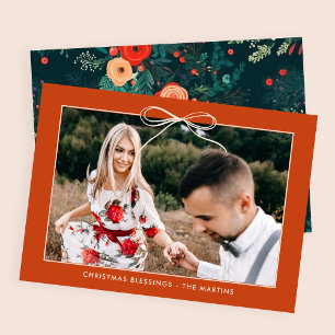 Christmas Floral Orange Ribbon Framed Photo Holiday Card