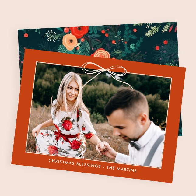 Christmas Floral Orange Ribbon Framed Photo Holiday Card (Creator Uploaded)