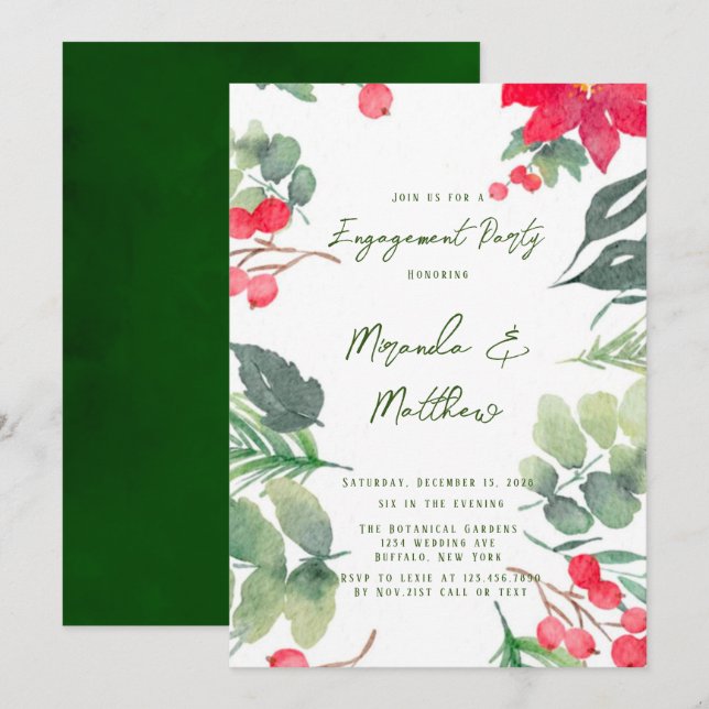 Christmas Floral Paint Green Leaf Engagement Party Invitation (Front/Back)