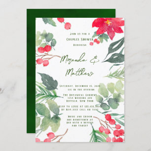 Christmas Floral Painted Green Leaf Couples Shower Invitation