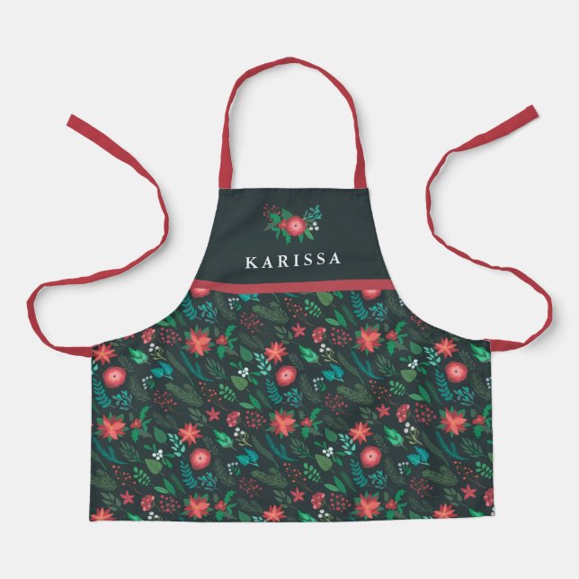 Christmas Floral Pattern Pretty Girls Name Green Apron (Front)