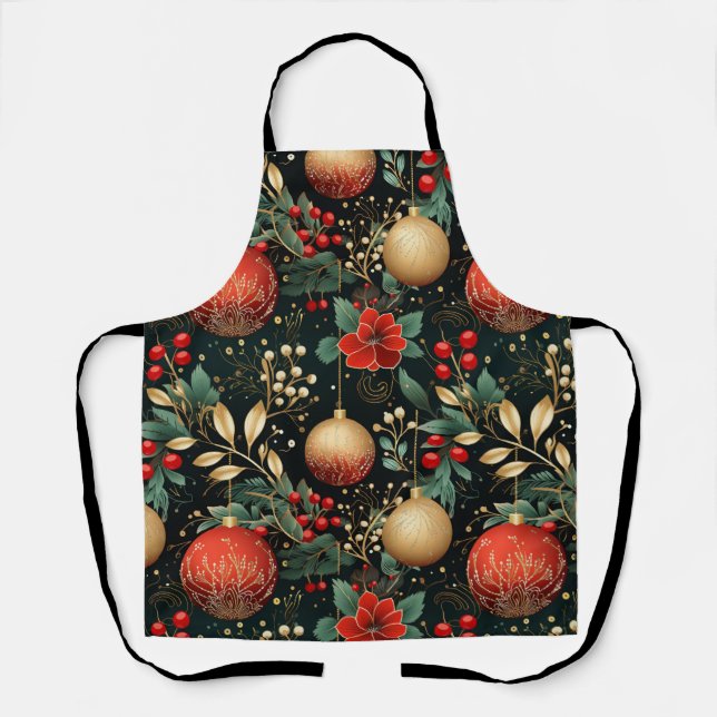 Christmas Floral Pattern with Ornaments Decor Apron (Front)