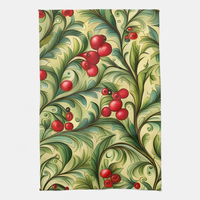 Christmas Floral Pattern With Red Berries Tea Towel (Vertical)