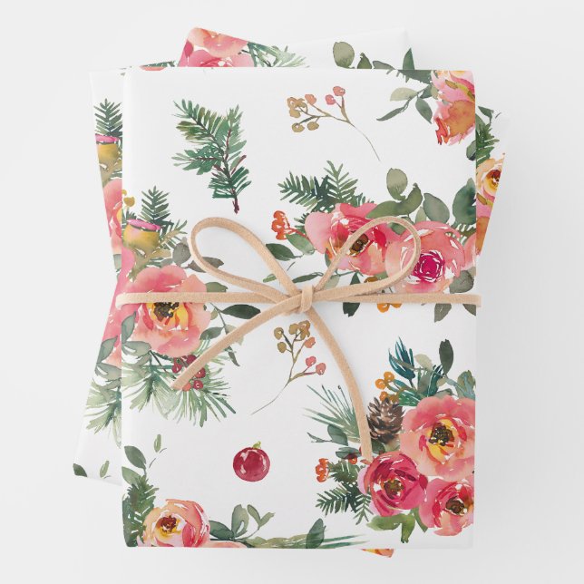 Christmas Floral & Pine Pattern | Winter Holiday Wrapping Paper Sheet (In situ)