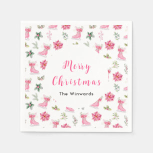 Christmas Floral Pink Ice Skates Merry Christmas Napkin