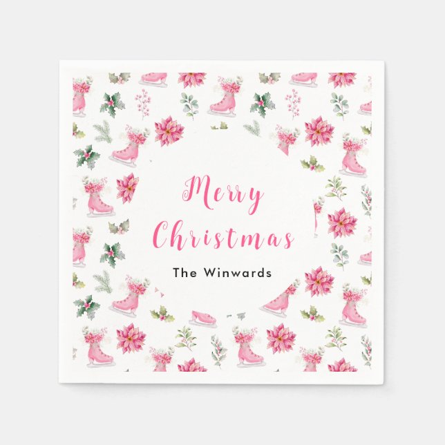 Christmas Floral Pink Ice Skates Merry Christmas Napkin (Front)