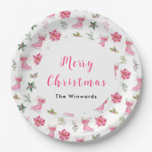 Christmas Floral Pink Ice Skates Merry Christmas Paper Plate