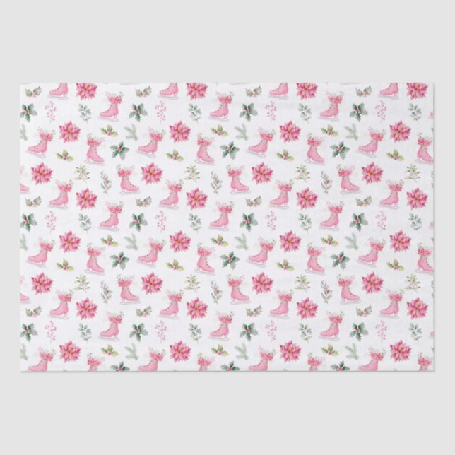 Christmas Floral Pink Ice Skates Tissue Paper (Front)