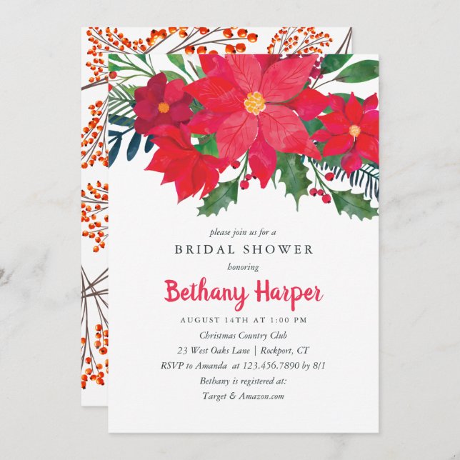Christmas  Floral Poinsettia Bridal Shower Invitation (Front/Back)