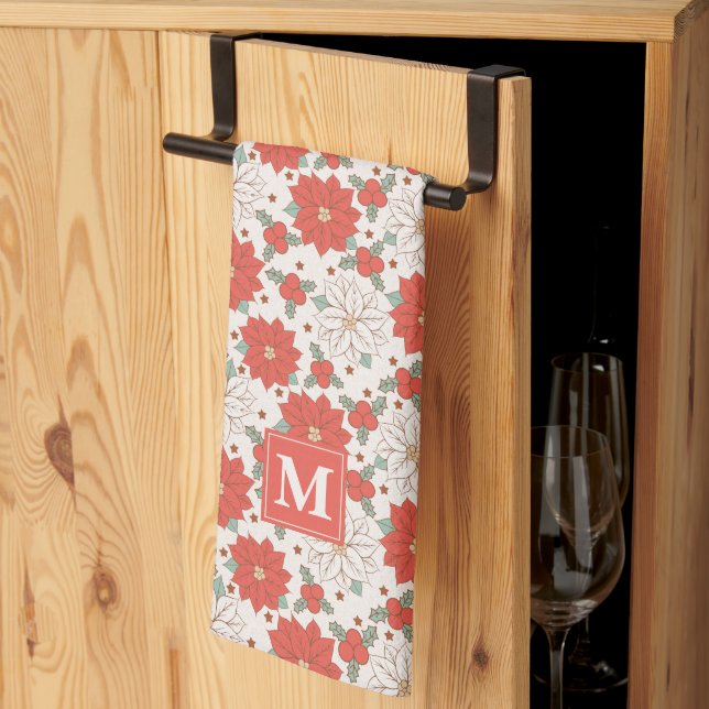Christmas Floral Poinsettia Holly Custom Tea Towel (Thirds Fold)