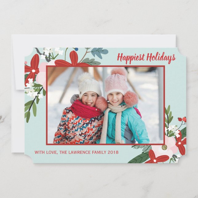 Christmas Floral Red Aqua Holiday Photo Card (Front)