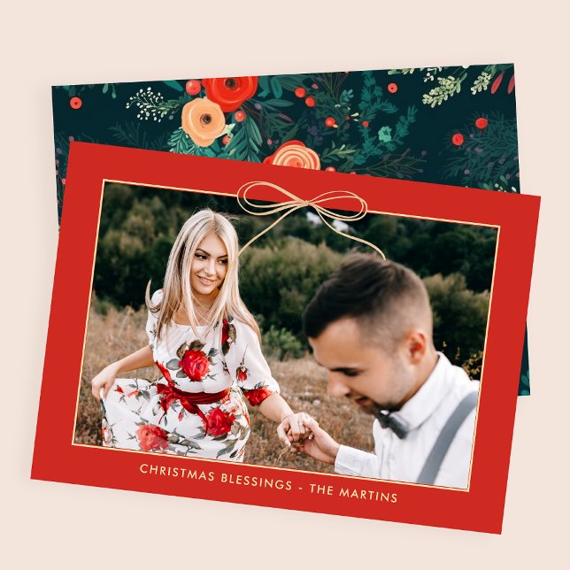 Christmas Floral Red Elegant Bow Photo Holiday Card (Creator Uploaded)