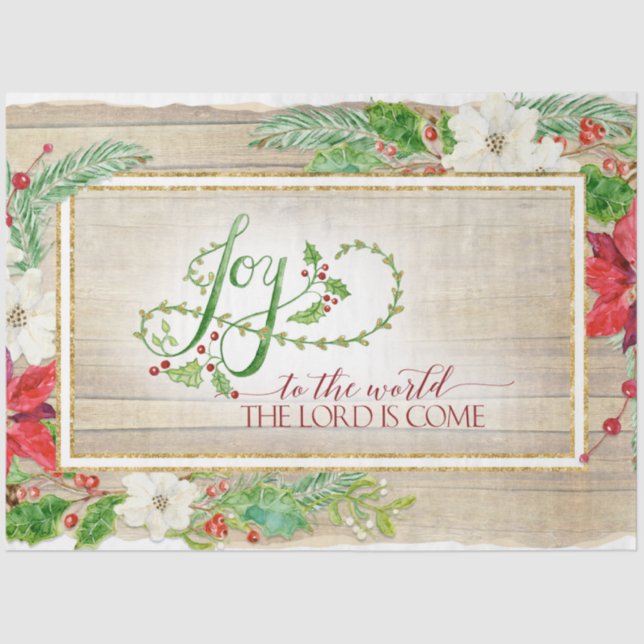 Christmas Floral Rustic Joy to World Typography  Tissue Paper (Front)