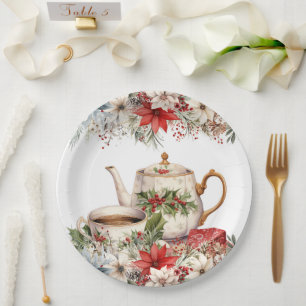 Christmas Floral Tea Holiday Party Paper Plate