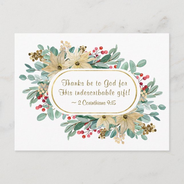 Christmas Floral Thanks be to God Bible Verse Postcard (Front)