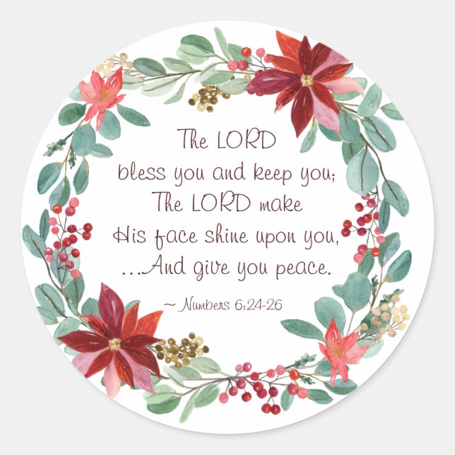 Christmas Floral The Lord Bless You Bible Verse Classic Round Sticker (Front)
