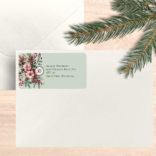 Christmas Floral Watercolor Address Monogram Label