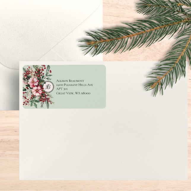 Christmas Floral Watercolor Address Monogram Label (Pink red and green watercolor Christmas floral, large return address label on an envelope.)