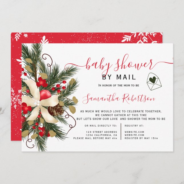 Christmas floral watercolor baby shower by mail invitation (Front/Back)