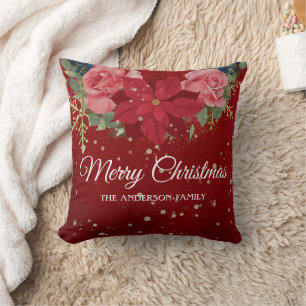 Christmas floral watercolor wreath red poinsettia cushion