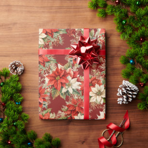 Christmas Floral Winter Large Poinsettias Burgundy Wrapping Paper