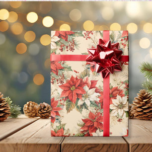 Christmas Floral Winter Large Poinsettias Cream Wrapping Paper