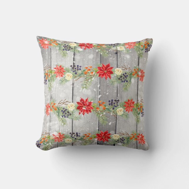 Christmas Floral Wooden Planks Cushion (Front)
