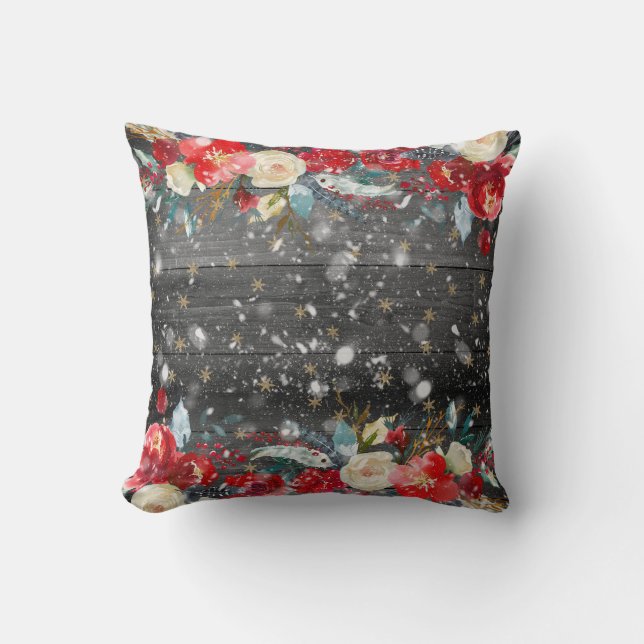 Christmas Floral Wooden Planks Cushion (Front)