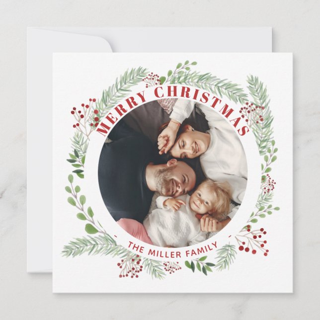 Christmas Floral wreath card with 2 Photos (Front)