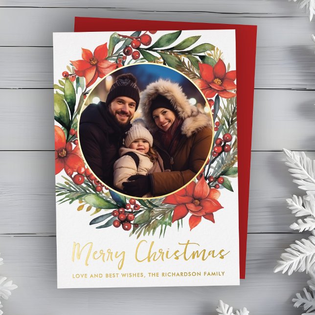 Christmas Floral Wreath Foil Photo Holiday Card (Creator Uploaded)