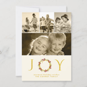 Christmas Floral Wreath Gold Glitter Photo Collage Holiday Card