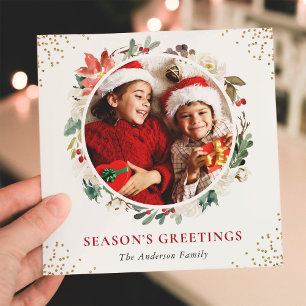 Christmas Floral Wreath Gold Glitters 2 Photo Holiday Card