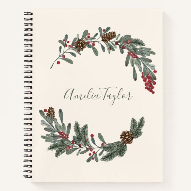Christmas Floral Wreath Personalized Script Name Notebook (Front)