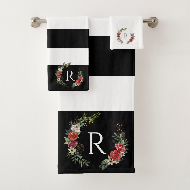 Christmas floral wreath stripes monogram bath towel set (Insitu)