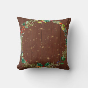 Christmas Floral Wreath Wooden Planks Cushion