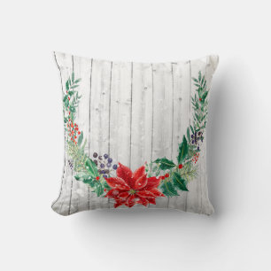 Christmas Floral Wreath Wooden Planks Cushion