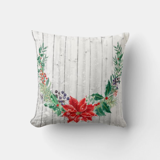 Christmas Floral Wreath Wooden Planks Cushion (Front)