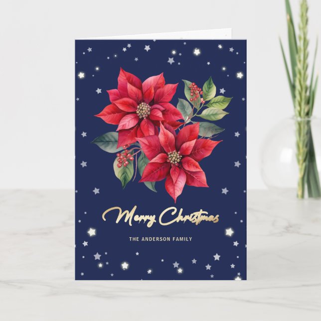 Christmas Flower Blue Photo Merry Christmas Card (Front)