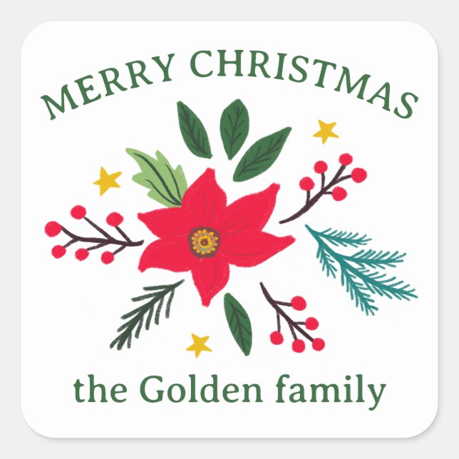 Christmas Flower Botanicals Foliage Holiday CUSTOM Square Sticker (Front)
