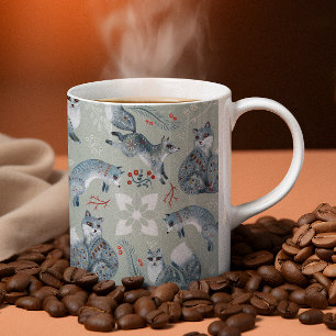 Christmas flower decorated grey foxes pattern coffee mug