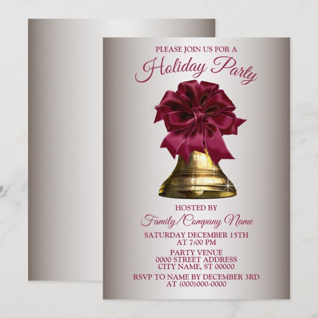 Christmas Flower Golden Bell  Holidays Party  Invitation (Front/Back)