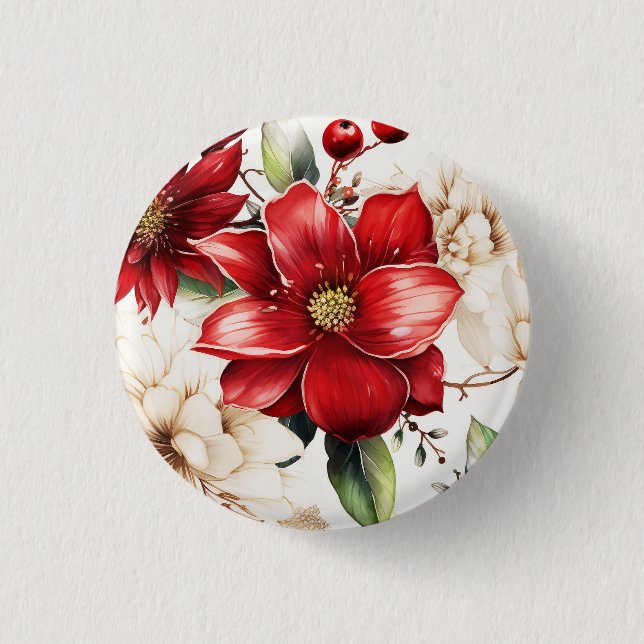 Christmas Flower Poinsettia Red Green Pattern 3 Cm Round Badge (Front)