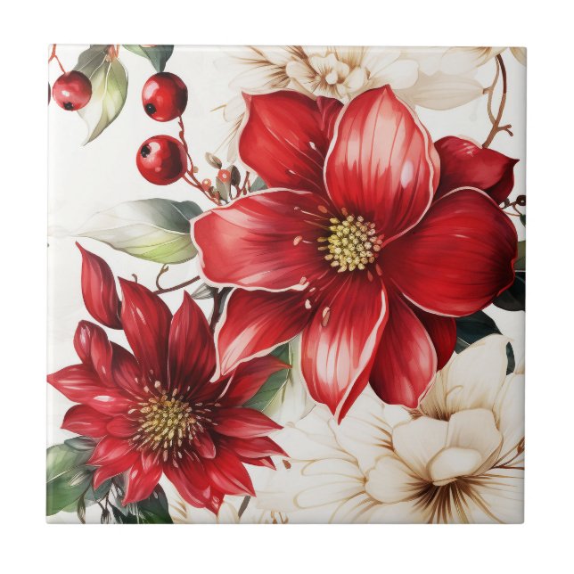 Christmas Flower Poinsettia Red Green Pattern Ceramic Tile (Front)