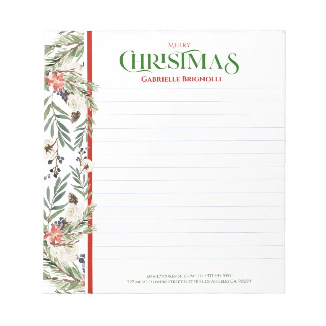 Christmas Flowers and evergreens border Notepad (Front)