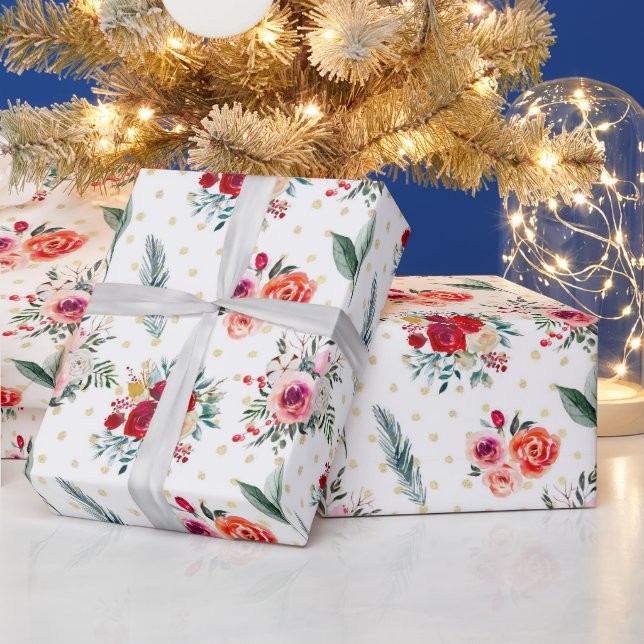 Christmas flowers and evergreens pattern wrapping paper (Holidays)