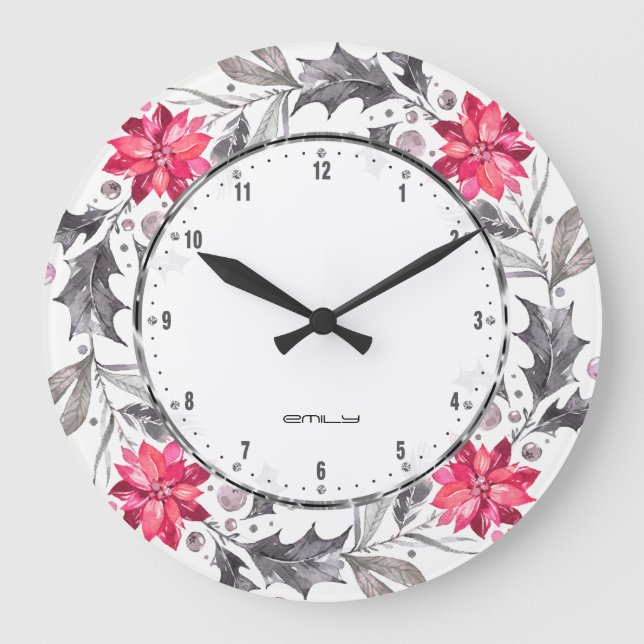 Christmas Flowers & Leafs Wreath Large Clock (Front)