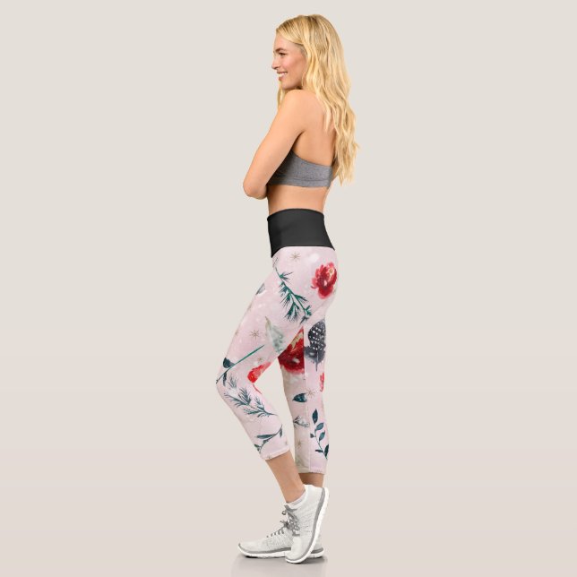 Christmas Flowers Leaves Boho Pattern Capri Leggings (Left)