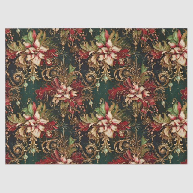 Christmas Flowers on Green Decoupage Tissue Paper (Front)
