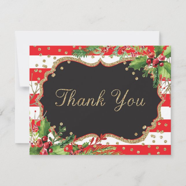 Christmas Flowers Red Black Gold Glitter Confetti Thank You Card (Front)