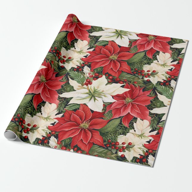 Christmas Flowers Red White Wrapping Paper (Unrolled)